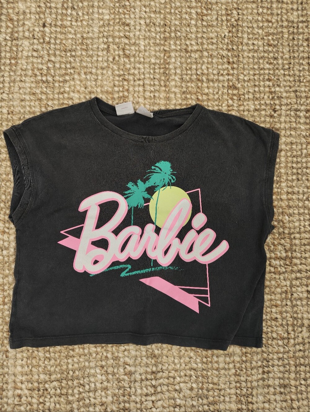 Zara Barbie Black Tee with Pink, Green & Yellow Graphic